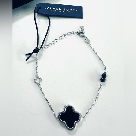Lauren Scott Clover Black Stone Ball & Sterling Silver 925 Chain Bracelet - Picture 5 of 15